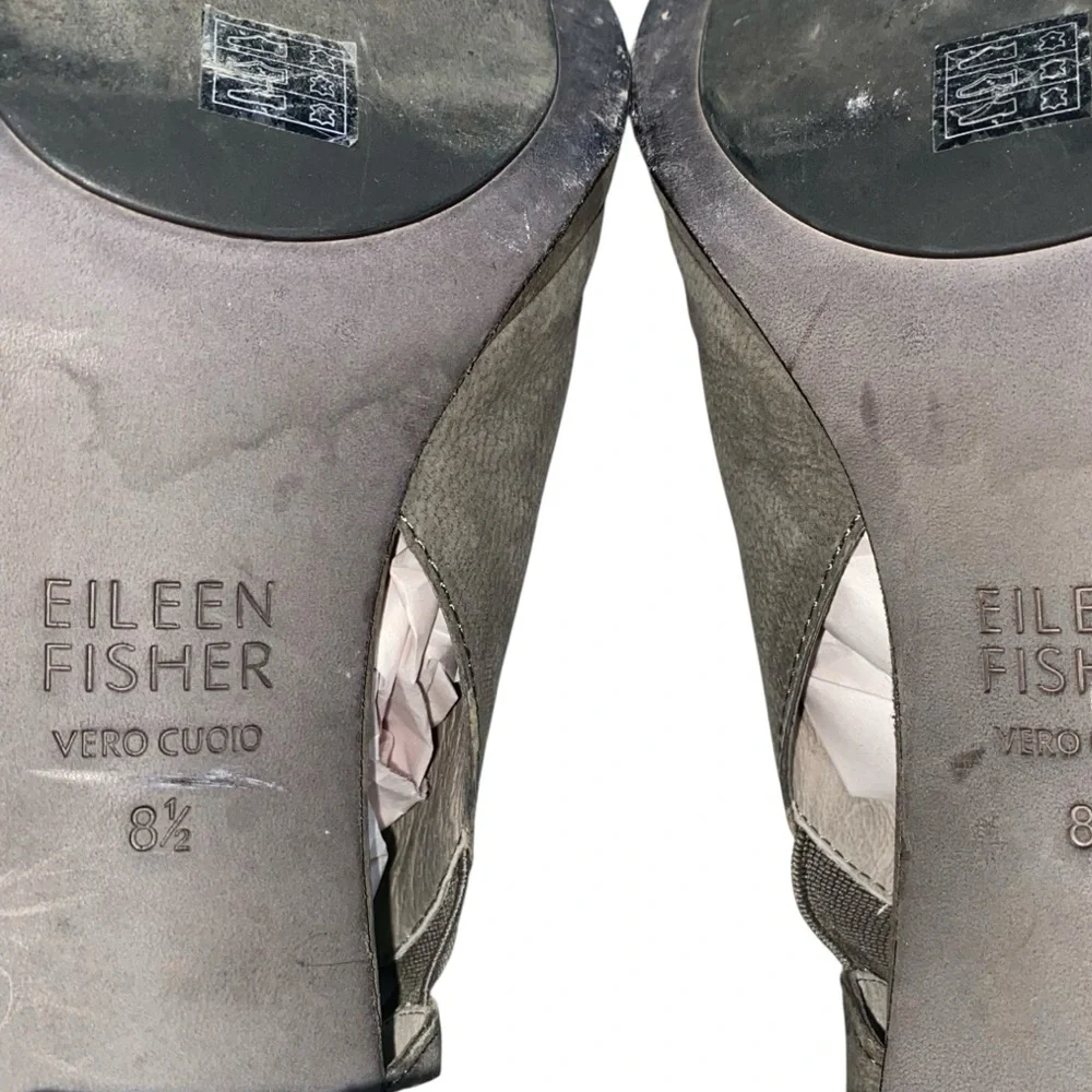 Eileen Fisher Milton Tumbled Nubuck Leather Size 8.5 Peep Toe Heel Graphite